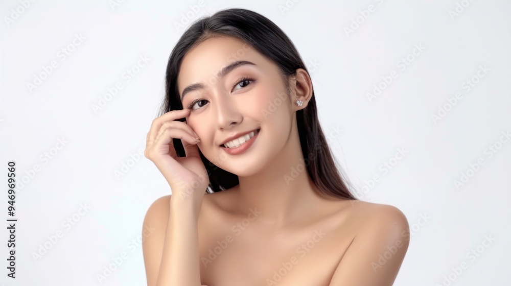 Skin care. Woman with beauty face touching healthy facial skin portrait. Beautiful smiling asian girl model with natural makeup touching glowing hydrated skin on white background closeup Skin care. Woman with beauty face touching healthy facial skin portrait. Beautiful smiling asian girl model with natural makeup touching glowing hydrated skin on white background closeup