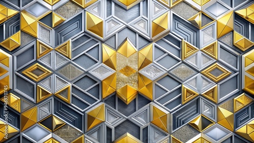 Vibrant geometric pattern featuring intricate metallic textures, shimmering silver and gold accents, and abstract shapes, creating a modern, futuristic, and dynamic visual experience. photo