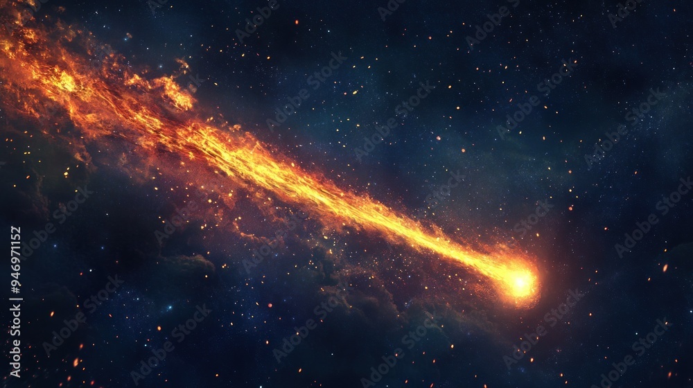 Fototapeta premium Flaming Meteorite Streaking Through Starry Night Sky