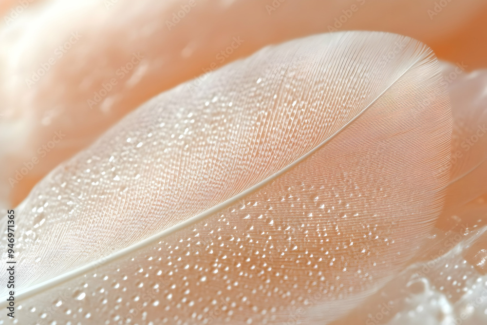 Fototapeta premium Closeup White Feather with Water Droplets Abstract Background