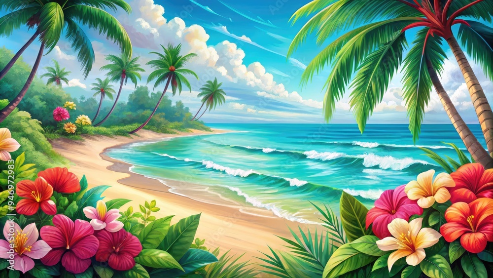 Vibrant, hand-drawn illustration of a serene tropical beach featuring swaying palm trees, colorful hibiscus flowers, and a tranquil turquoise ocean with gentle waves. Vibrant, hand-drawn illustration of a serene tropical beach featuring swaying palm trees, colorful hibiscus flowers, and a tranquil turquoise ocean with gentle waves.