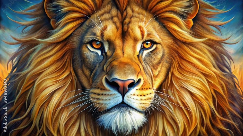 Naklejka premium Vibrant, highly detailed portrait of a majestic lion's face, showcasing its whiskers, mane, and piercing eyes in a stunning display of wildlife realism.