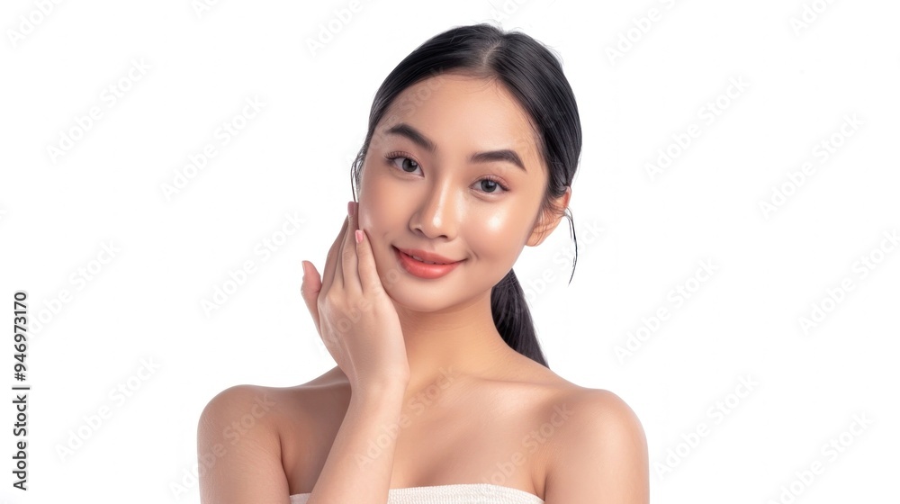 A close-up portrait of a smiling asian woman with flawless skin, showcasing her natural beauty and radiant health A close-up portrait of a smiling asian woman with flawless skin, showcasing her natural beauty and radiant health