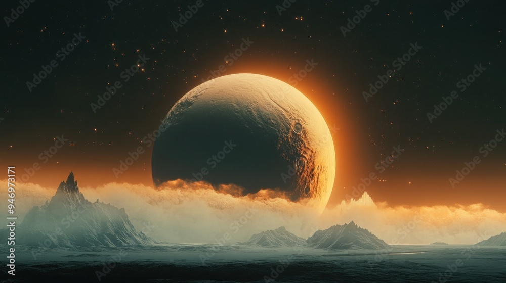 A Giant Glowing Planet Rising Above a Snowy Mountain Range A Giant Glowing Planet Rising Above a Snowy Mountain Range