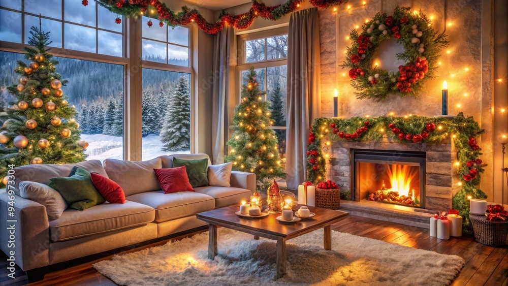 Vibrant holiday decor fills a cozy living room with garlands, ornaments, and candles, showcasing festive Christmas decorating ideas on a snowy winter morning backdrop. Vibrant holiday decor fills a cozy living room with garlands, ornaments, and candles, showcasing festive Christmas decorating ideas on a snowy winter morning backdrop.