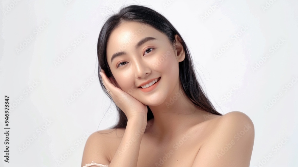 A close-up portrait of a smiling asian woman with flawless skin, showcasing her natural beauty and radiant health A close-up portrait of a smiling asian woman with flawless skin, showcasing her natural beauty and radiant health