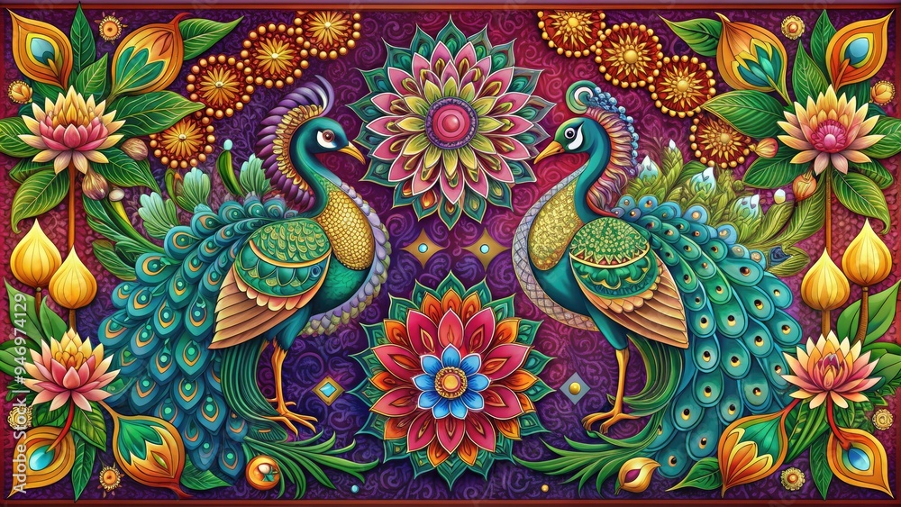 Vibrant, intricately detailed illustration of traditional Indian motifs, including peacocks, lotus flowers, and mandalas, set against a rich, jewel-toned background with ornate borders. Vibrant, intricately detailed illustration of traditional Indian motifs, including peacocks, lotus flowers, and mandalas, set against a rich, jewel-toned background with ornate borders.