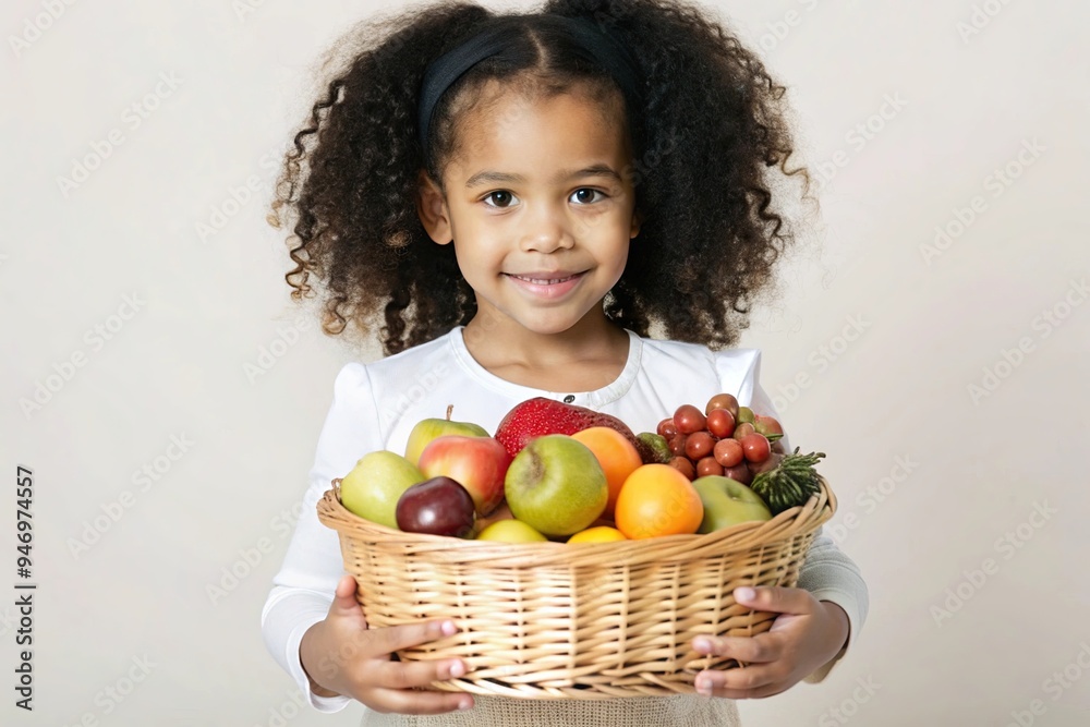 Young Multiracial girl holding a basket of fruit Young Multiracial girl holding a basket of fruit