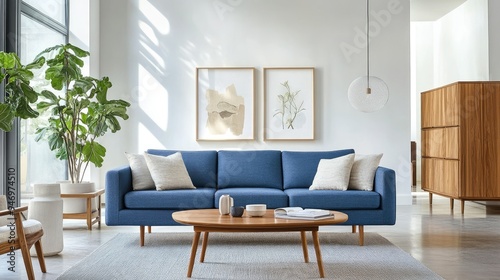 A blue sofa anchors the mid-century Scandinavian design in this modern living room. Clean lines, natural wood, and soft hues create a serene atmosphere.