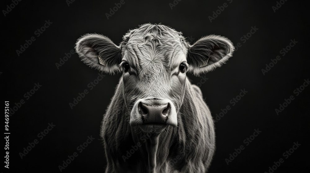 A detailed shot of a cow against a solid black background, creating a dramatic and striking contrast, perfect for modern designs. A detailed shot of a cow against a solid black background, creating a dramatic and striking contrast, perfect for modern designs.
