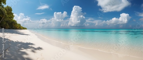 Tranquil White Sand Beach with Crystal Clear Turquoise Water and Lush Green Palms