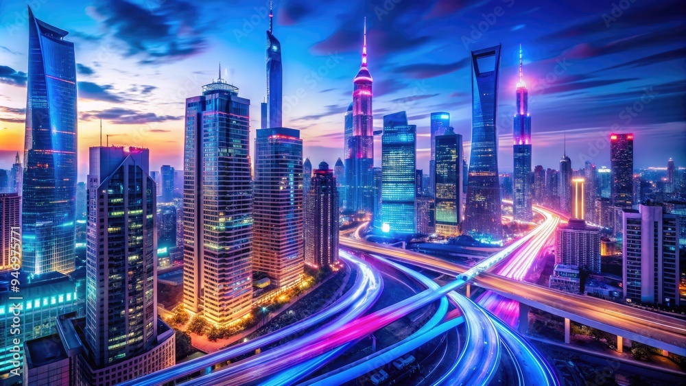 Fototapeta premium Vibrant neon lights illuminate futuristic cityscape at dusk, with sleek skyscrapers, fiber-optic cables, and LED billboards creating a dazzling display of modern technology.