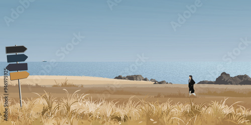 Seashore landscape with a woman walking on grass field in autumn season have direction sign pole at foreground graphic illustration. Coastline have blue sky background.