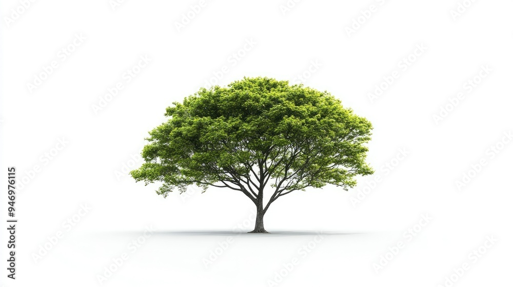 A single tree with green leaves, isolated on a white background, representing solitude and the beauty of nature in its simplest form. A single tree with green leaves, isolated on a white background, representing solitude and the beauty of nature in its simplest form.