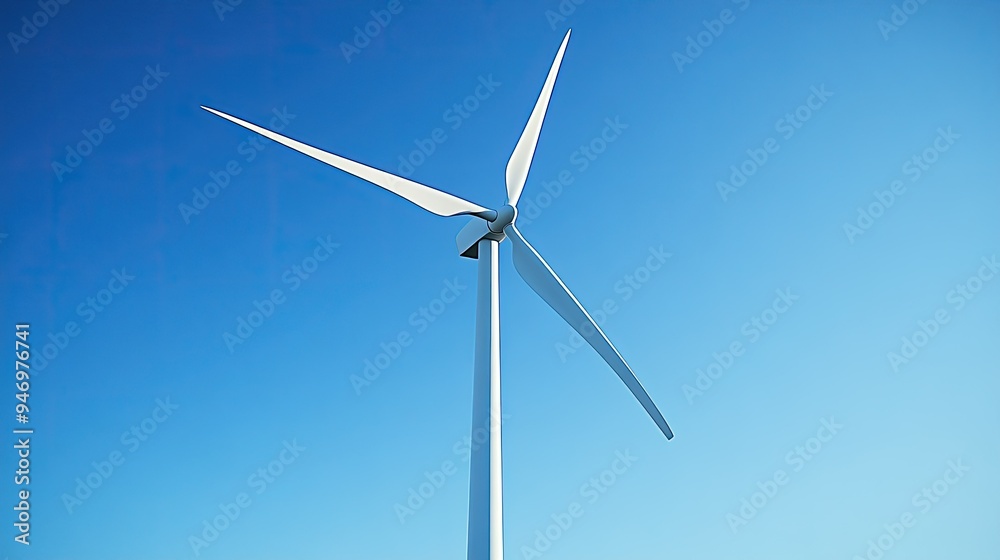 A wind turbine turning against a clear blue sky, representing the clean and sustainable future of energy production. A wind turbine turning against a clear blue sky, representing the clean and sustainable future of energy production.