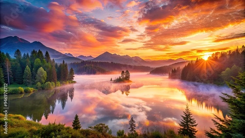 Vibrant orange and pink hues illuminate the serene horizon as the sun rises over a tranquil lake, surrounded by lush green forests and misty mountains.