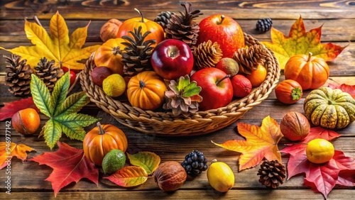 Vibrant orange and yellow leaves, pinecones, and seasonal fruits adorn a rustic wooden table, evoking warmth and coziness in a cozy autumn harvest decor setting.