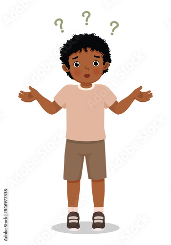 Cute little boy shrugging her shoulders with clueless and confused expression
