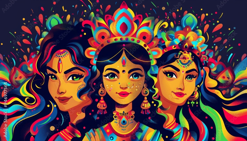 Obraz premium cartoon portrait indian goddess durga for happy dussehra or shubh navratri festival of india, watercolour, dark background, holiday greeting card