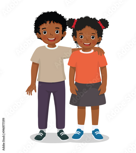 Two happy cute little African kids boy and girl best friend hugging each others