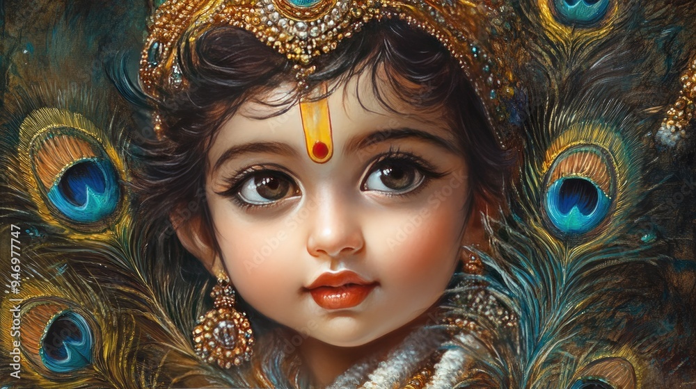 A beautifully detailed depiction of Shree Krishna as a child, adorned with a peacock feather, celebrating Janmashtami with divine charm. A beautifully detailed depiction of Shree Krishna as a child, adorned with a peacock feather, celebrating Janmashtami with divine charm.