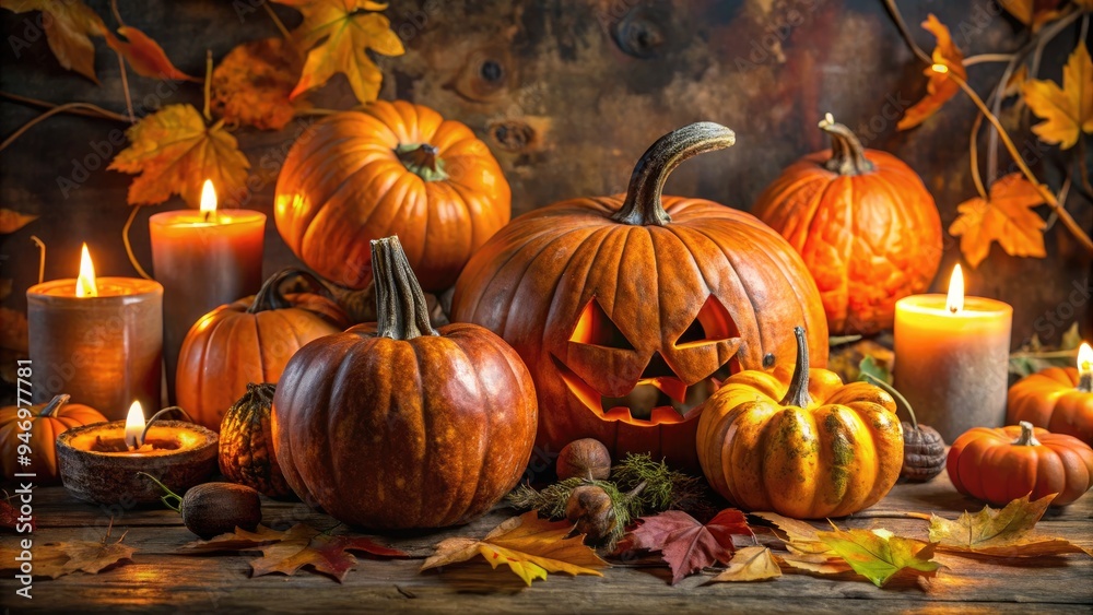 Vibrant orange pumpkins adorned with intricate, swirling patterns and shapes, surrounded by fallen autumn leaves and eerie candlelight, evoke a spooky yet festive Halloween atmosphere. Vibrant orange pumpkins adorned with intricate, swirling patterns and shapes, surrounded by fallen autumn leaves and eerie candlelight, evoke a spooky yet festive Halloween atmosphere.