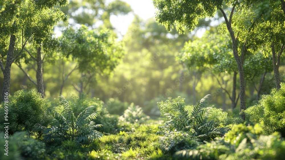 Fototapeta premium Sunlight Filtering Through Lush Green Foliage in a Forest