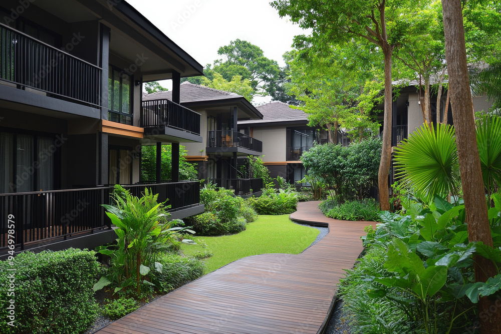 A walkway in front of a row of buildings with trees and bushes A walkway in front of a row of buildings with trees and bushes