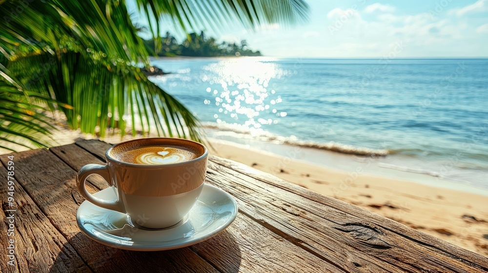 Coffee Cup on Wooden Table with Beach View Coffee Cup on Wooden Table with Beach View