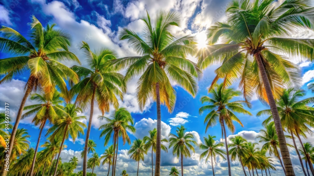 Vibrant palm trees sway gently in the warm sunlight, their slender trunks and feathery fronds set against a brilliant blue sky with puffy white clouds. Vibrant palm trees sway gently in the warm sunlight, their slender trunks and feathery fronds set against a brilliant blue sky with puffy white clouds.