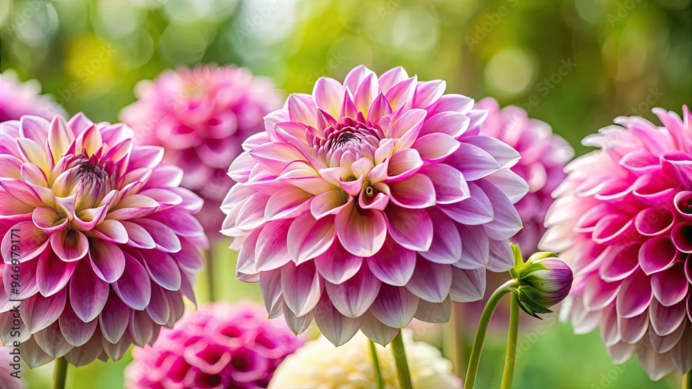Fototapeta premium Vibrant pink and white dahlia flowers burst with intricate petals and delicate centers, set against a soft green blurred background, exuding elegance and summer charm.
