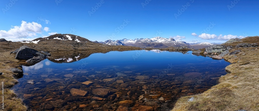 Mountain Lake with Snow-Capped Peaks Reflected in the Water Mountain Lake with Snow-Capped Peaks Reflected in the Water
