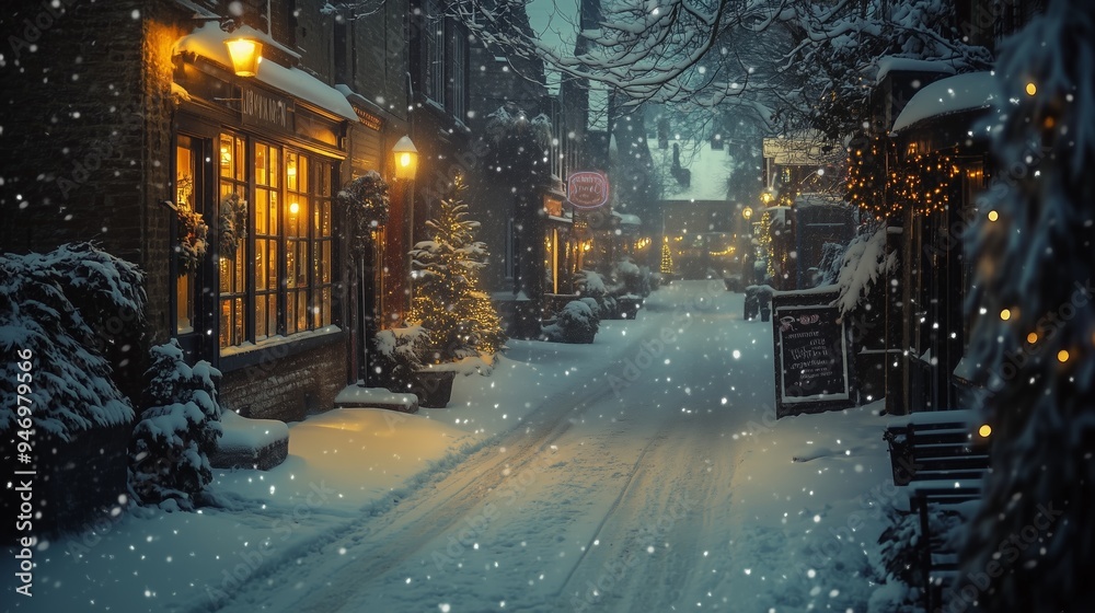 Cozy winter evening in a quaint village street adorned with glowing lights and fresh snow under a serene snowfall