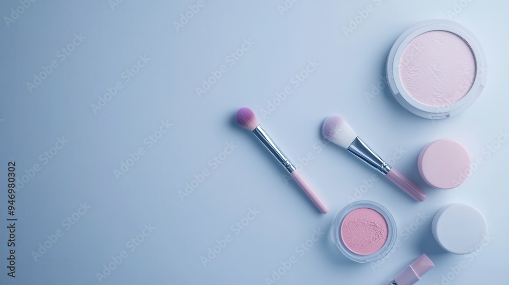 A minimalist display features lipstick, makeup brushes, and powder set against a light background, emphasizing simplicity and elegance. Generative AI A minimalist display features lipstick, makeup brushes, and powder set against a light background, emphasizing simplicity and elegance. Generative AI