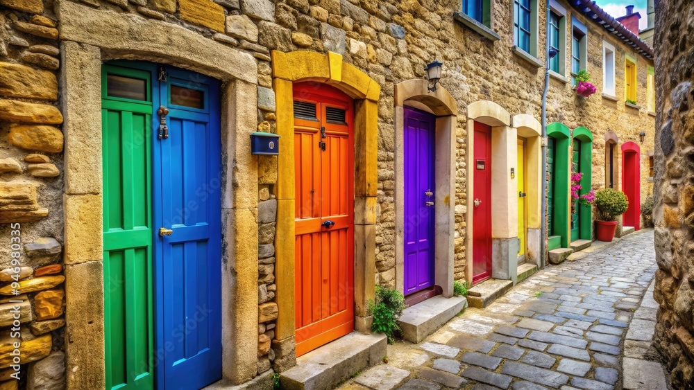 Fototapeta premium Vibrant rainbow-hued doors of varying sizes and styles line a rustic stone wall, creating a whimsical and inviting exterior backdrop in a charming European alleyway.