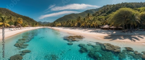 Aerial View of a Tropical Beach with Palm Trees, Clear Water, and Sand