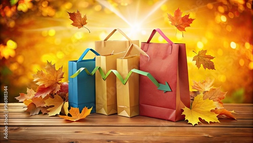 Vibrant shopping bags and autumn leaves surround a downward-pointing arrow, symbolizing decreasing costs and savings, set against a warm, sunny background with a subtle gradient. photo