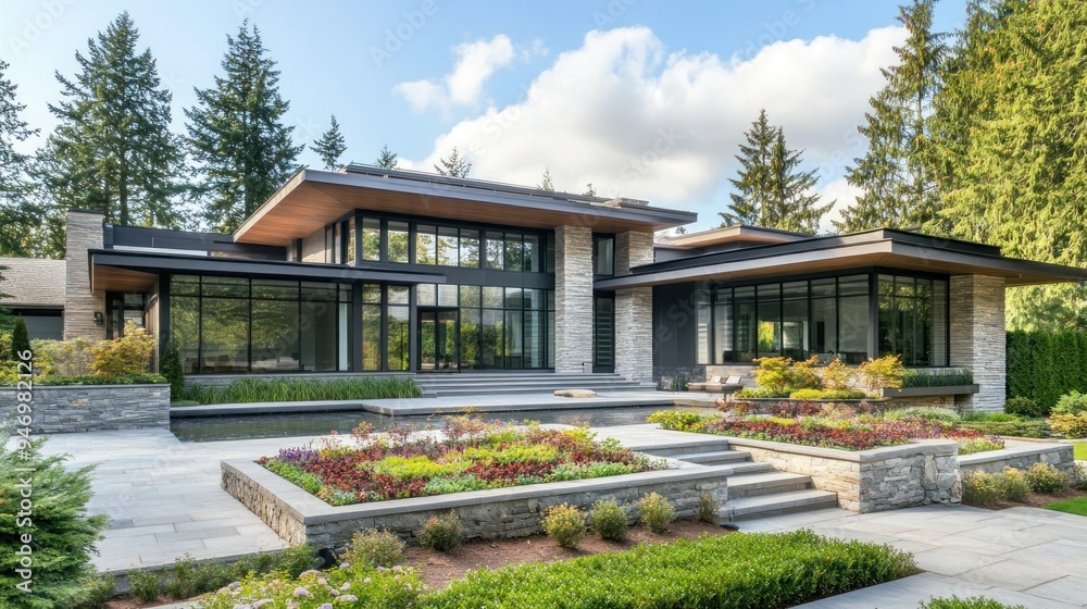 Modern Home with Stone and Glass Architecture Modern Home with Stone and Glass Architecture
