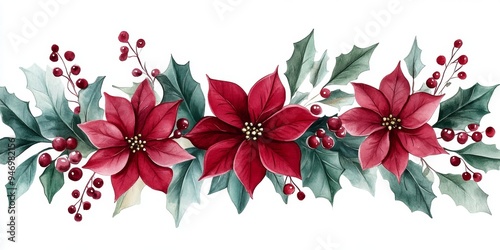 An elegant Christmas floral arrangement featuring poinsettias, holly, and pine branches, decorated with soft golden accents on a white background