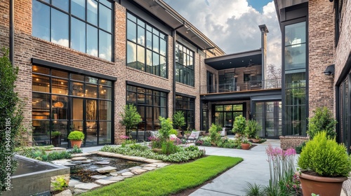 Modern Brick Courtyard with Water Feature