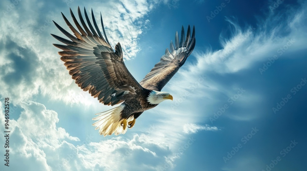 Obraz premium Bald Eagle Soaring Through a Blue Sky with White Clouds
