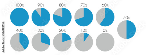 Percentage vector infographics. 0 10 20 30 40 50 60 70 80 90 100 percent pie chart symbols. Isolated circle icons for business, download, web design