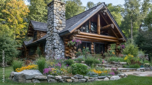 Rustic Log Cabin with Vibrant Flower Garden