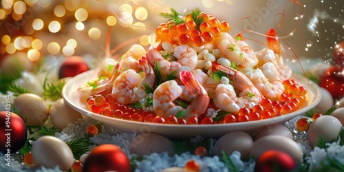 Olivier Salad Traditional salad with Shrimp Quail Eggs and Red Caviar a Delightful Restaurant Dish for New Year s Celebration photo