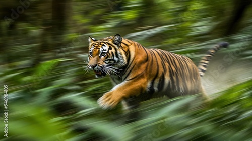 A Blurred Tiger Running Through Lush Greenery photo