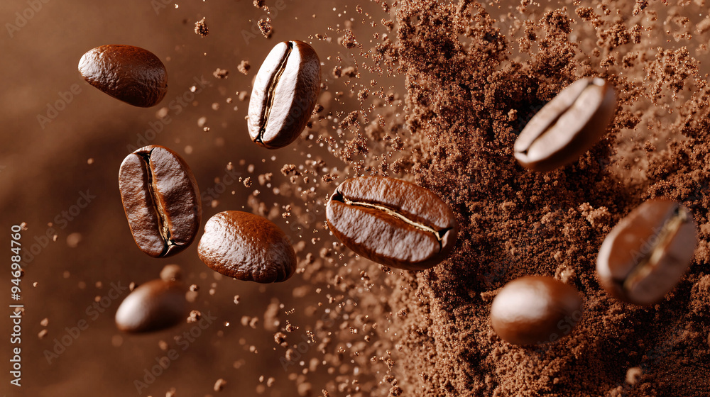 Coffee splash, close-up, several coffee beans flying around in coffee powder, advertising photography, studio shot Coffee splash, close-up, several coffee beans flying around in coffee powder, advertising photography, studio shot