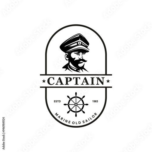 Bearded ship captain or skipper with a pipe and peaked cap for marine nautical logo design for sailor