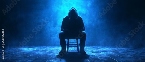 Silhouette of Hooded Man Sitting Alone in Dark Room With Blue Lighting and Smoky Atmosphere