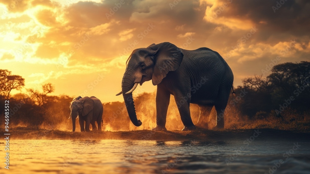 Fototapeta premium Two Elephants Walking Through Water at Sunset