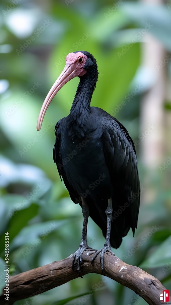 Naklejka premium Northern Bald Ibis Hermit Perched on a Branch in Nature, Realistic Photo, Wallpaper, Cover and Screen for Smartphone, Cell Phone, Computer, Laptop, 9:16 and 16:9 Format